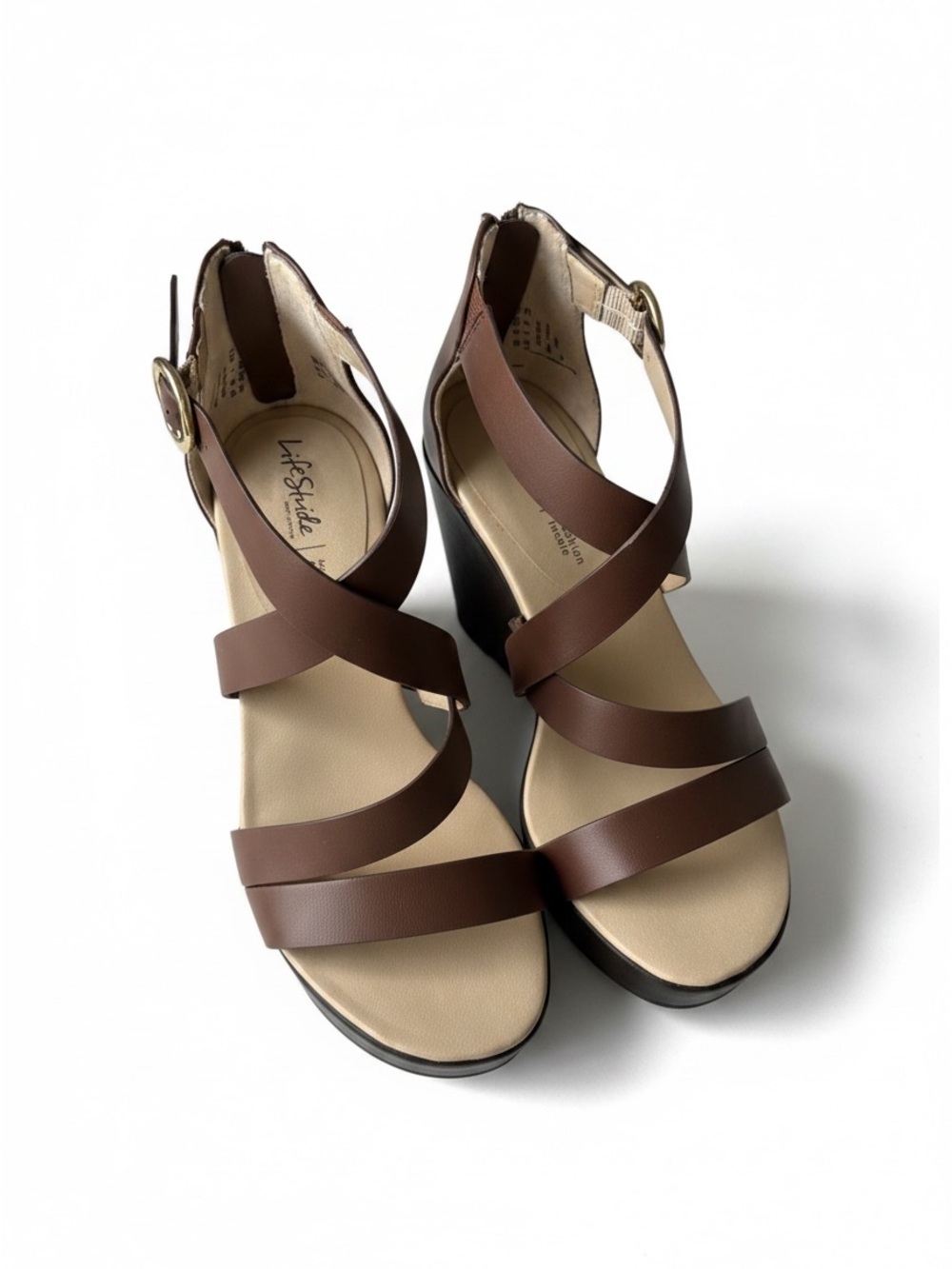 Life Stride Brown Strappy Block Heel Sandals with Gold Buckle 8 1/2 W - Picture 3 of 14